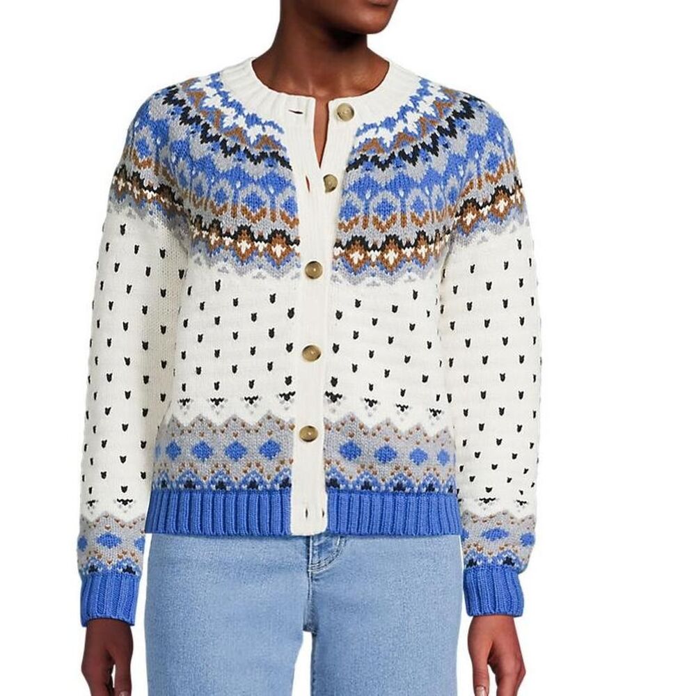 Lands' End Women's Lofty Birdseye Fair Isle Cardigan Sweater XL P Blue Heritage